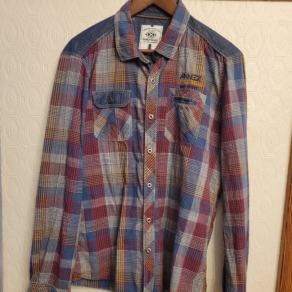 Premium Connection Patchwork Plaid Flannel Shirt Men's Large — Mixed Plaid Denim